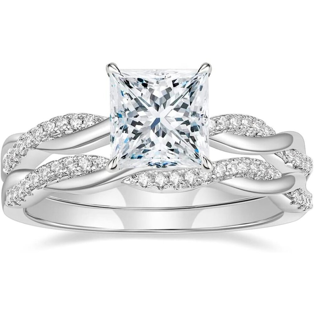 Silver 2ct Princess Cut Wedding Band Set for Women - Cubic Zirconia Bridal Ring